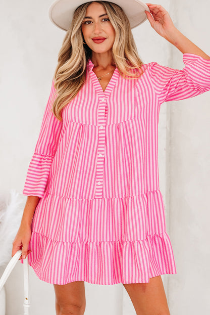 Pink Stripe Flare Sleeve Mini Dress Ruffle