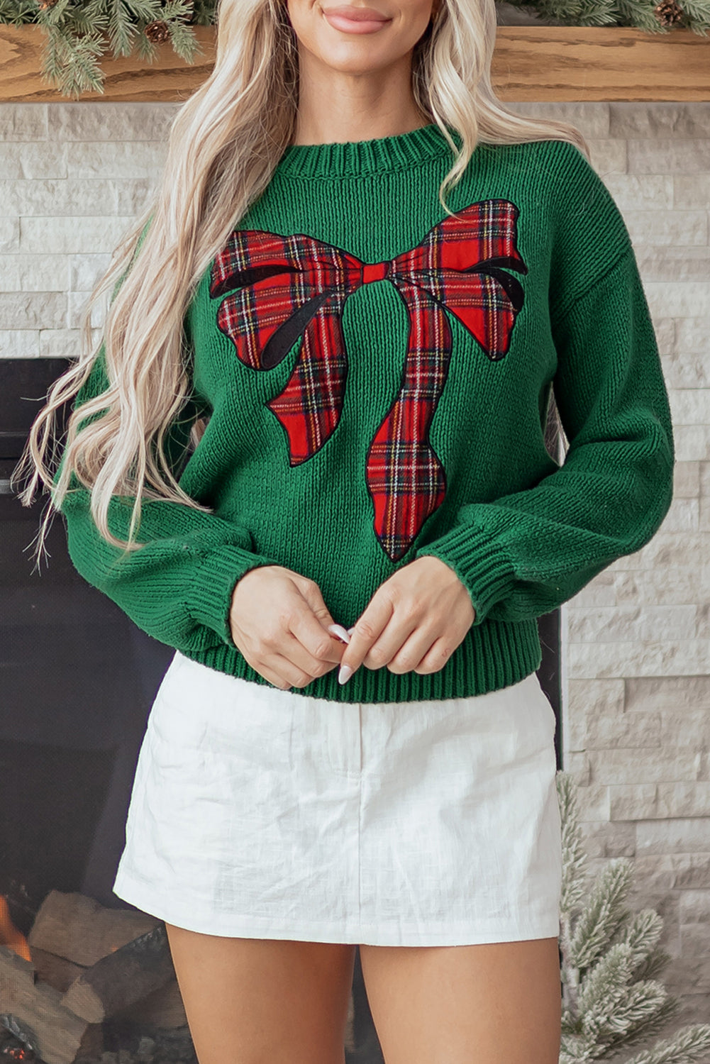 Evergreen Plaid Bow Christmas Sweater