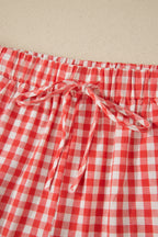 Red Gingham Plaid Tie Elastic Waist Lace Patchwork Hem Casual Shorts