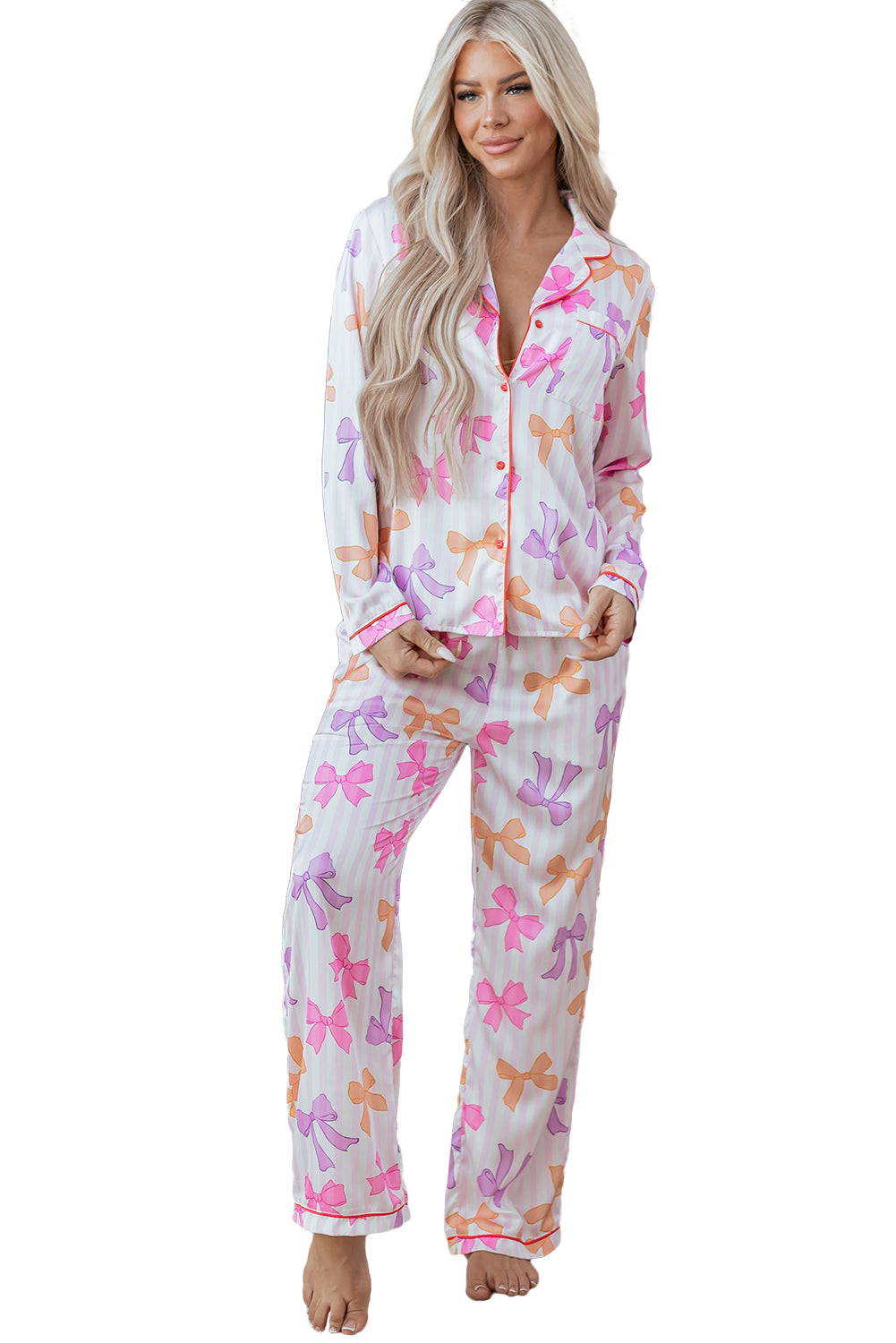Womens Pink Bow Pajama Set For Comfort
