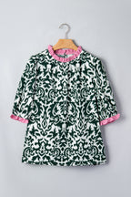 Green Damask Print Ruffled Color Block Detail Half Sleeve Blouse
