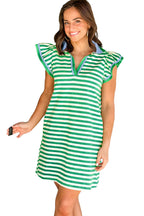 Green Stripe Flutter Sleeve Dress, V-Neck