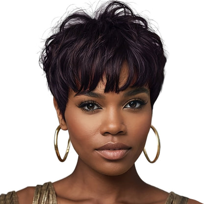 Short Black Wavy Wig With Bangs