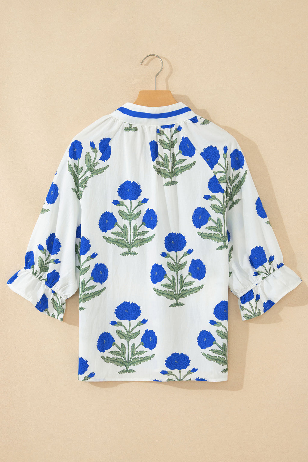 Green Casual Wild Flower Print V Neck 3/4 Sleeve Blouse
