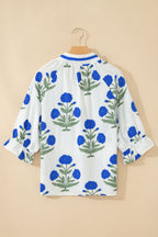 Green Casual Wild Flower Print V Neck 3/4 Sleeve Blouse