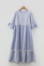 Sky Blue Striped Maxi Dress Flowy Boho Lace