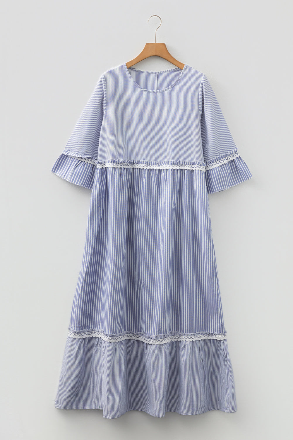 Sky Blue Striped Maxi Dress Flowy Boho Lace