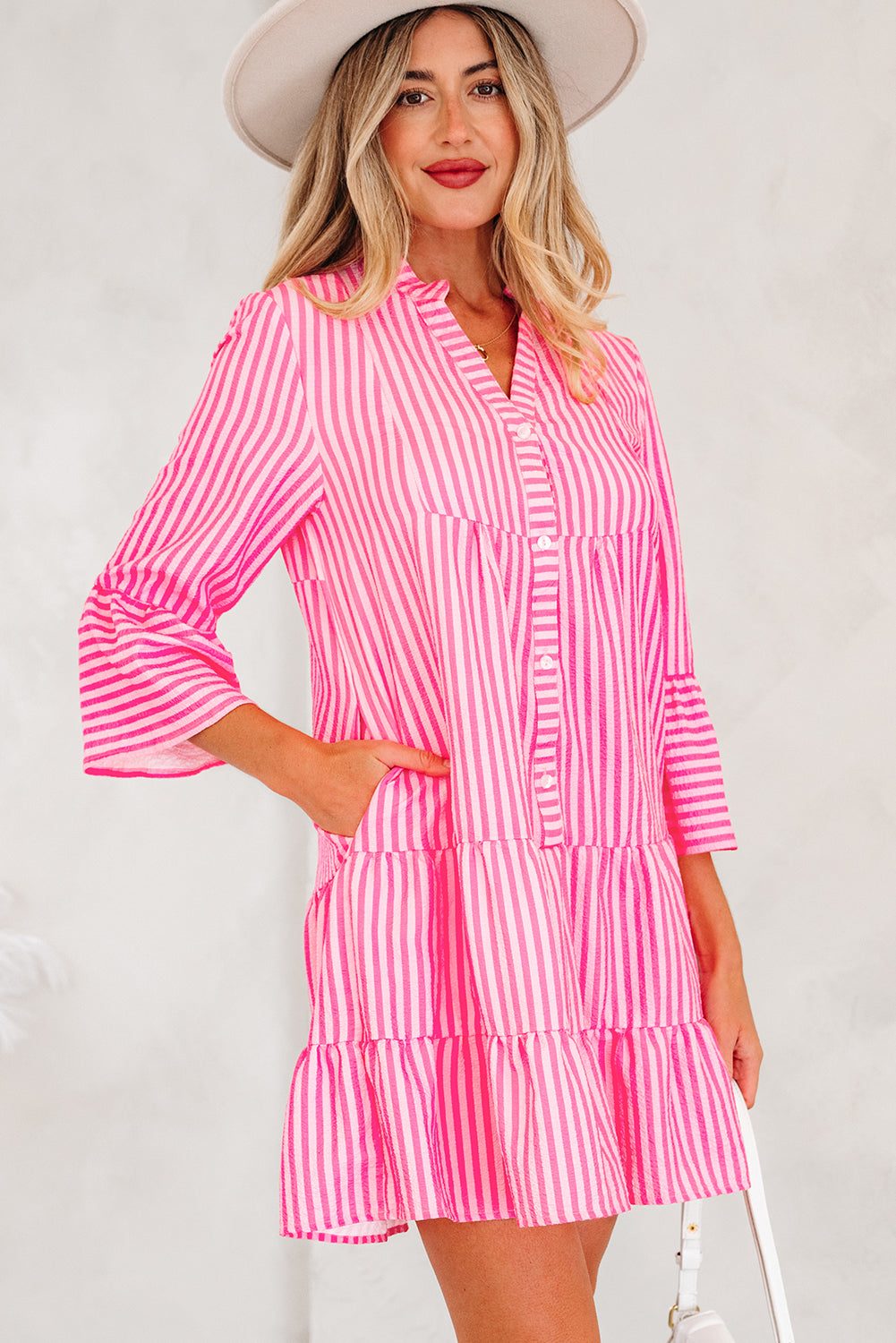 Pink Stripe Flare Sleeve Mini Dress Ruffle