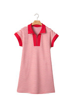 Green Stripe Quarter Zip Polo Collar T Shirt Dress with Pockets