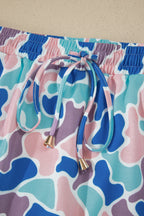 Sky Blue Abstract Camo Elastic Waist Drawstring Mini Skort
