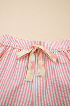 Light Pink Floral Trim Ribbon Knot Striped Casual Shorts