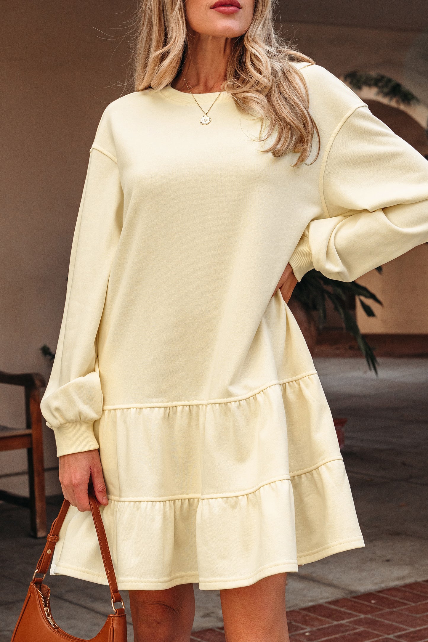 Beige Ruffle Hem Mini Dress Cozy Long Sleeve
