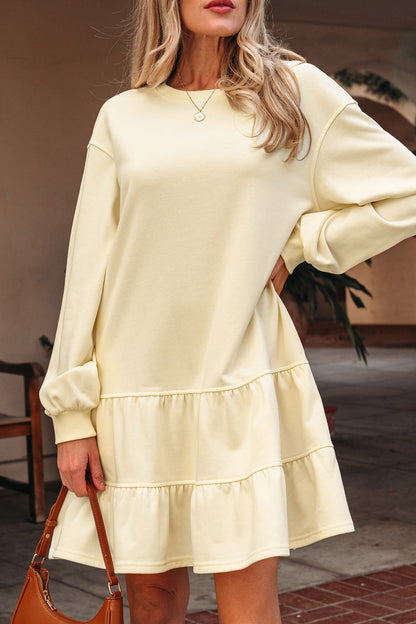 Beige Ruffle Hem Mini Dress Cozy Long Sleeve