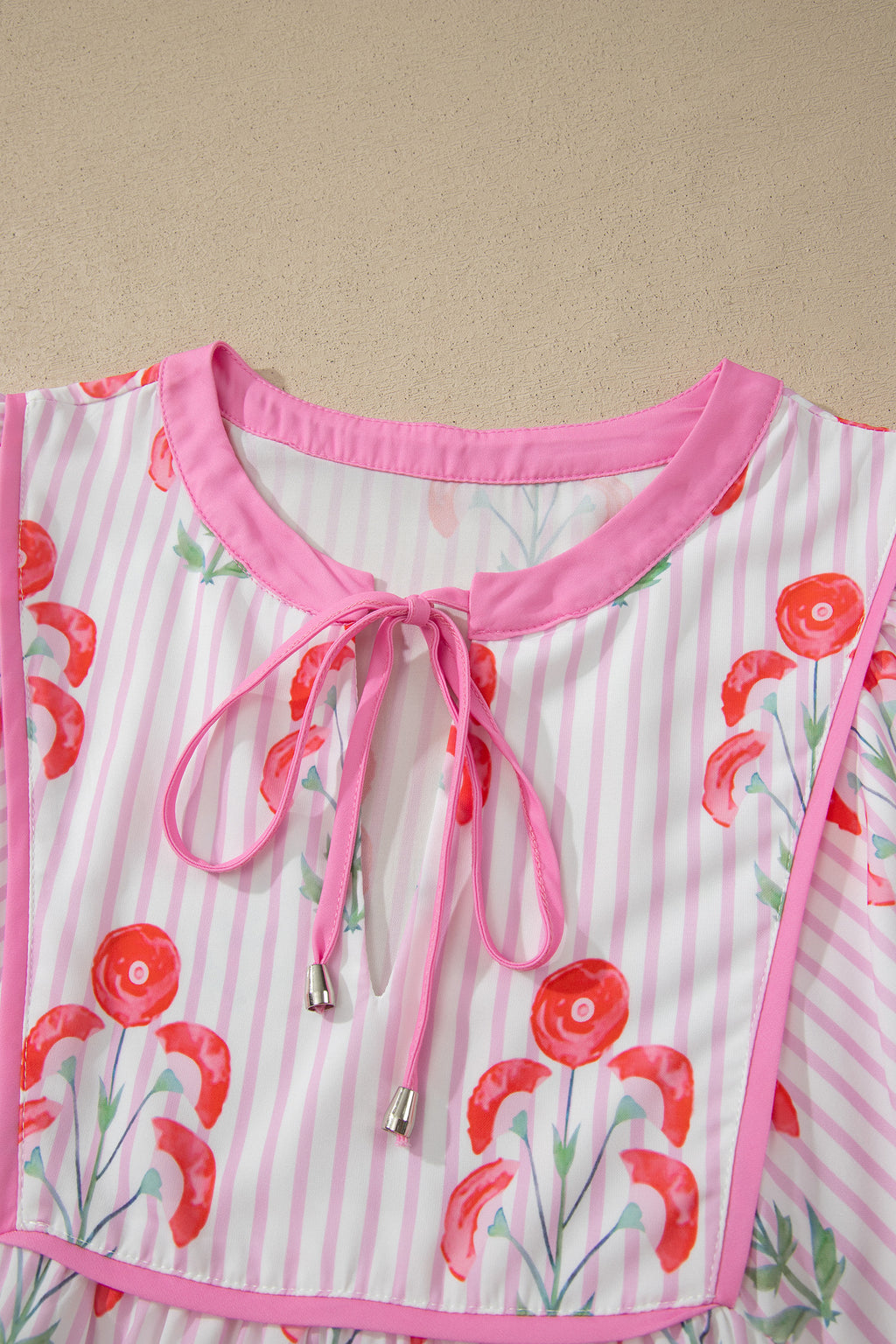 Sky Blue Floral Striped Print Tie Notched Neck Puff Sleeve Flared Mini Dress