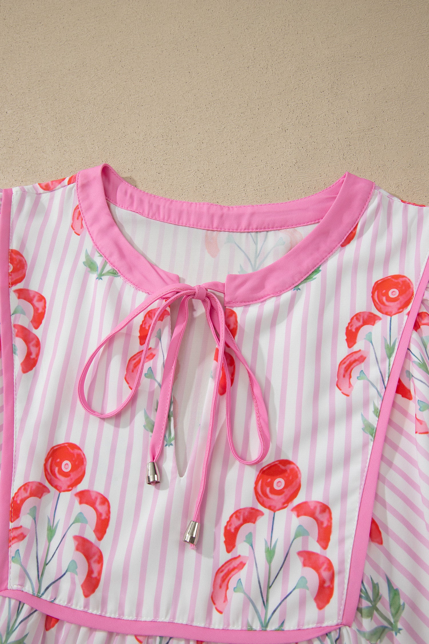 Sky Blue Floral Striped Print Tie Notched Neck Puff Sleeve Flared Mini Dress