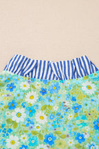Green Floral Painting Print Striped Patchwork Flutter Sleeve V Neck Blouse