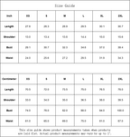 A size guide table for clothing measurements in inches and centimeters, ranging from XS to 2XL.