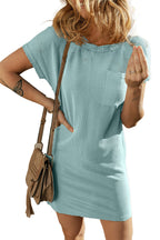 LuckeLadybug blue striped t-shirt dress ribbed knit short sleeve casual pocket summer outfit