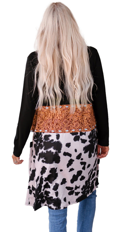 Black Western Cow Print Cardigan