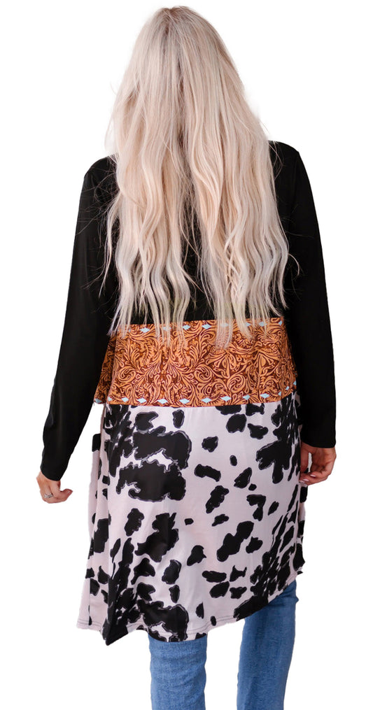 Black Western Cow Print Cardigan