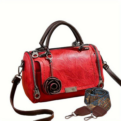 Womens Boston Handbag With Flower Pendant