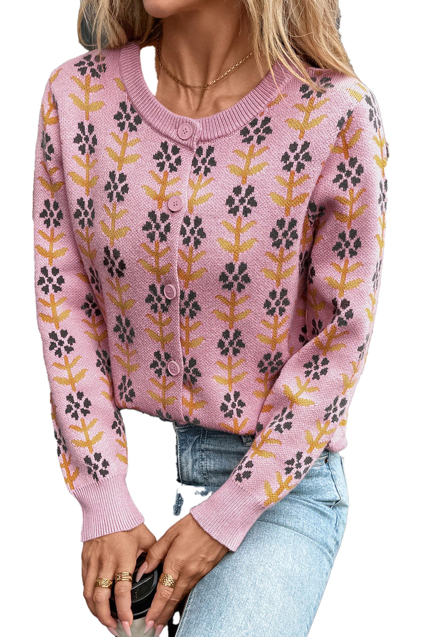 Pink Floral Cardigan Sweater For Women