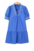 Sky Blue Embroidered Smocked Detail V Neck Short Puff Sleeve Mini Dress