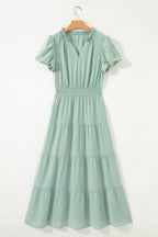 Bright Green Solid Color V Neck Short Puff Sleeve High Waist Tiered Maxi Dress