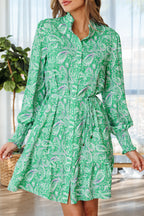 Green Paisley Mini Dress Tie-Waist Ruffle Hem
