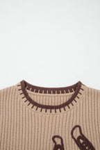 Light French Beige Ribbed Knit Contrast Trim Round Neck Horseshoe Sweater Vest