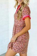 Khaki Leopard High Waist Ruffled Colorblock Trim Short Dress