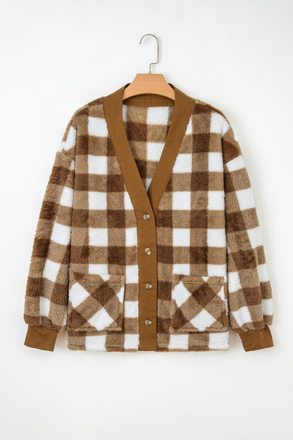 Dear-Lover Brown Checkered Sherpa Cardigan For Cozy Chic