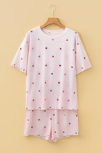 Pink heart print lounge room set featuring a comfy top and matching shorts by LuckeLadybug LLC