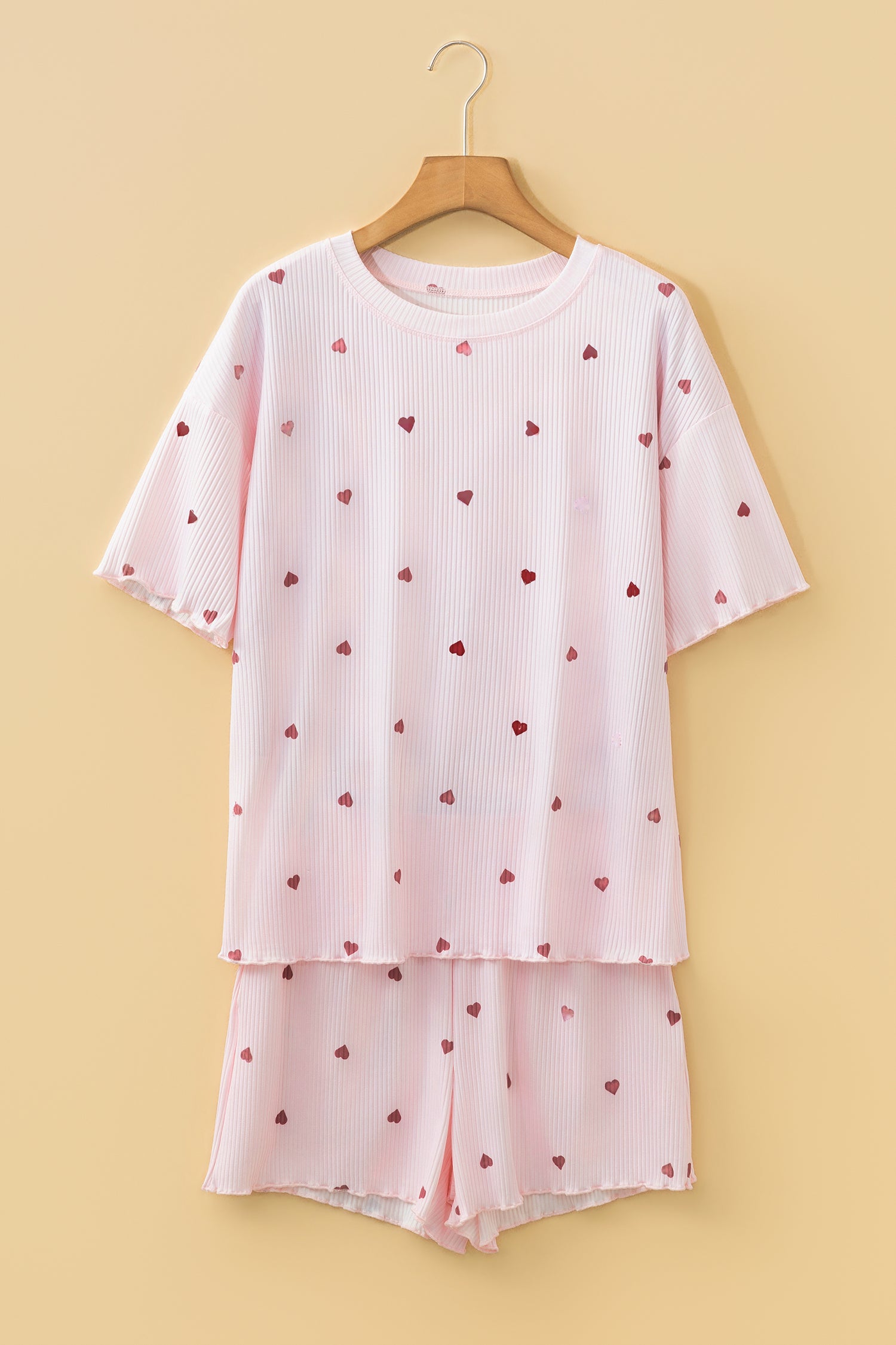 Pink heart print lounge room set featuring a comfy top and matching shorts by LuckeLadybug LLC