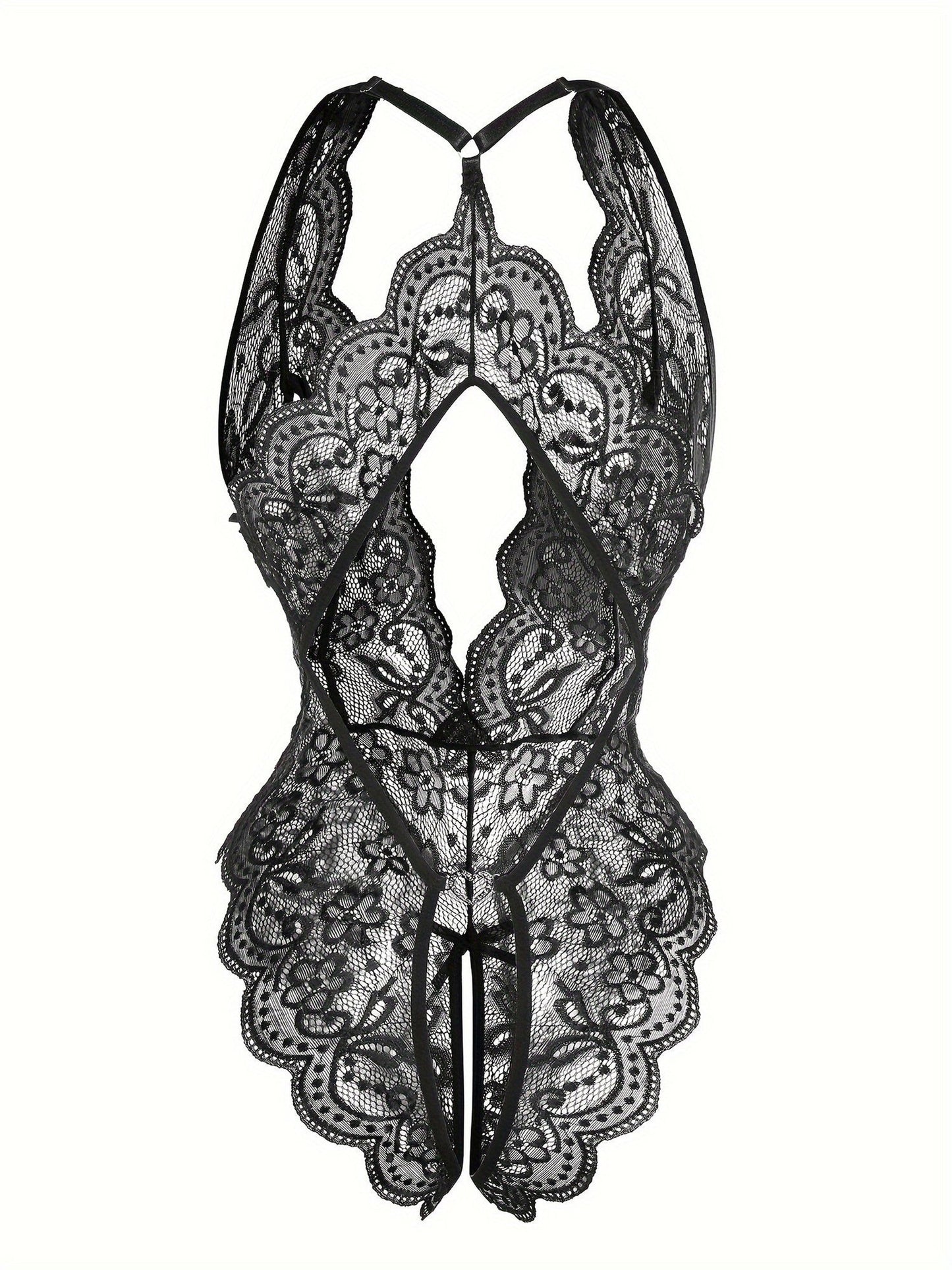 Sultry Floral Lace Bodysuit - Backless, Semi-Sheer, Open Crotch