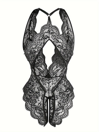 Sultry Floral Lace Bodysuit - Backless, Semi-Sheer, Open Crotch