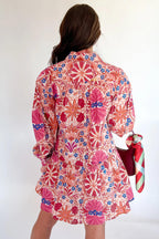 Red Fall Flower Print Long Sleeve Mini Dress