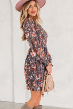 Brown Floral Mesh Mini Dress Smocked V-Neck