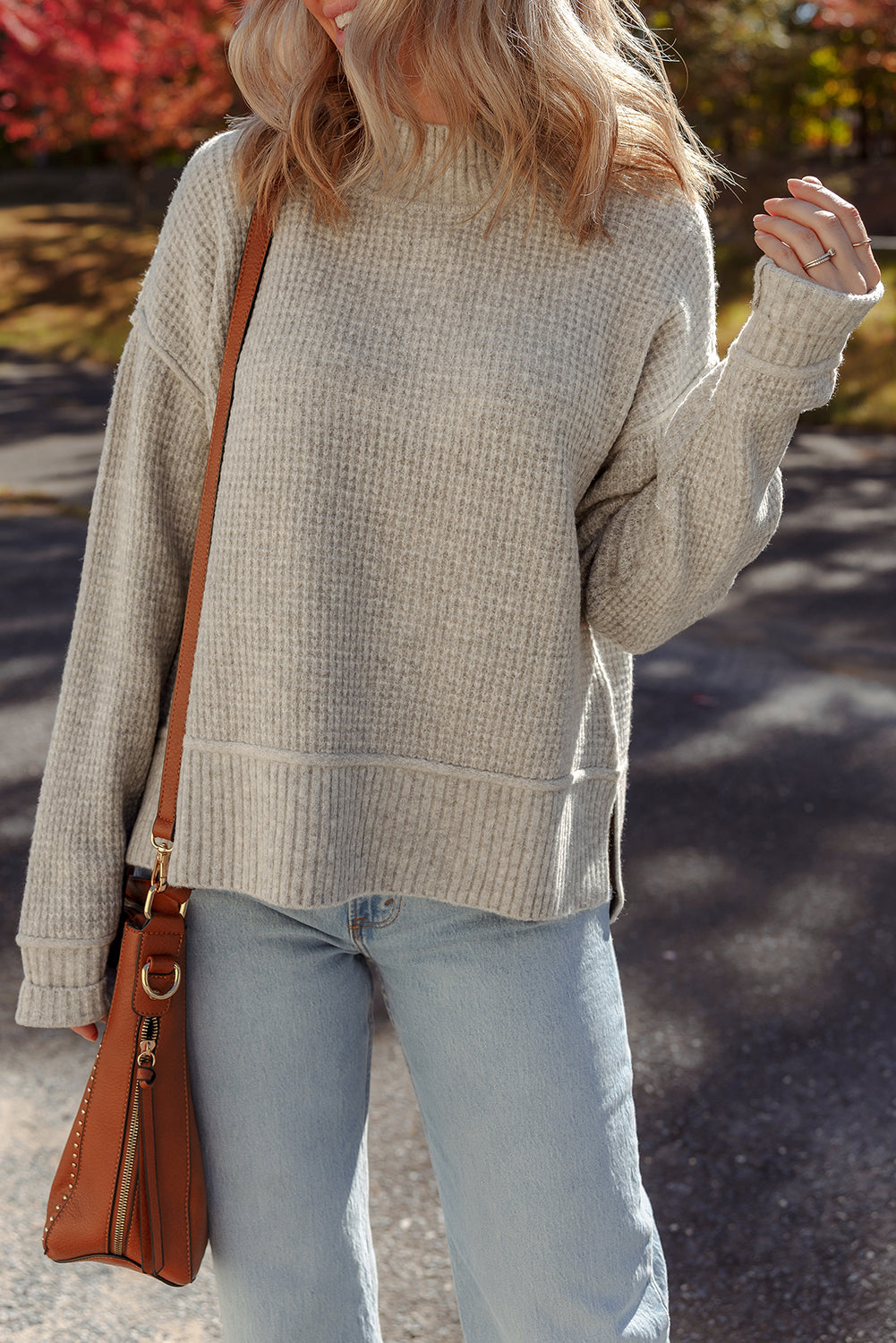 Gray Waffle Knit Sweater For Stylish Comfort