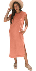Model wearing LuckeLadybug carrot mineral wash t-shirt dress midi with side slit pockets short sleeves and hat