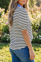 Blue Stripe Short Puff Sleeve Color Block Polo Collar Blouse