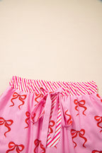 Pink Bow Print Striped Patchwork Elastic Waist Lace Trim Loose Shorts