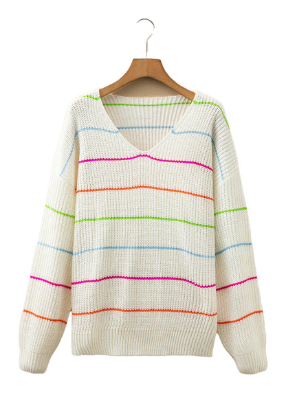 White V Neck Striped Sweater For Trendy Looks