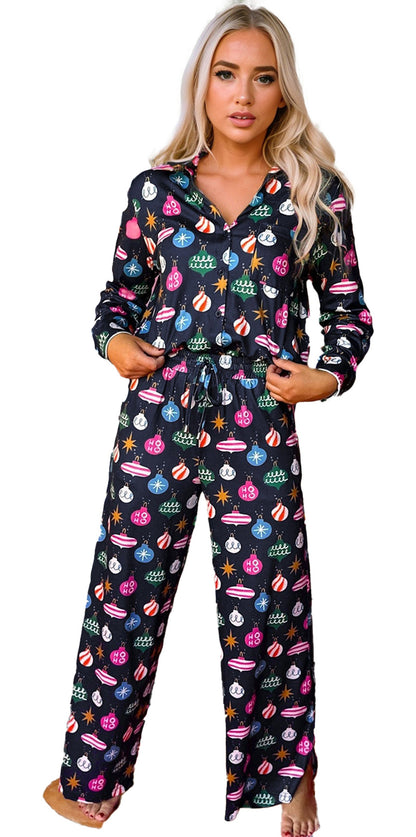 Navy Blue Christmas Pajama Set For Women