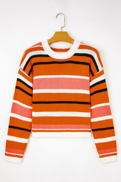 Orange Stripe Cropped Sweater For Trendy Style