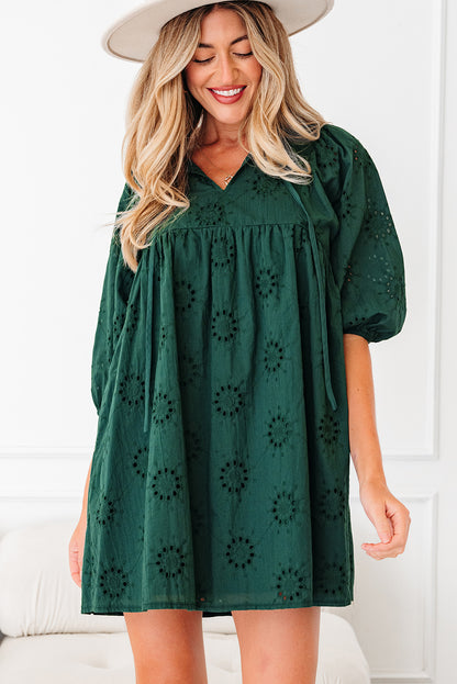 Embroidered Eyelet Mini Dress, Puff Sleeve