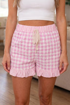 Red Gingham Print Ruffle Striped Detail Lace Tie Shorts