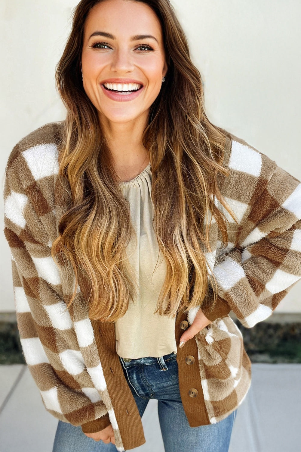Dear-Lover Brown Checkered Sherpa Cardigan For Cozy Chic