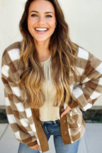 Dear-Lover Brown Checkered Sherpa Cardigan For Cozy Chic
