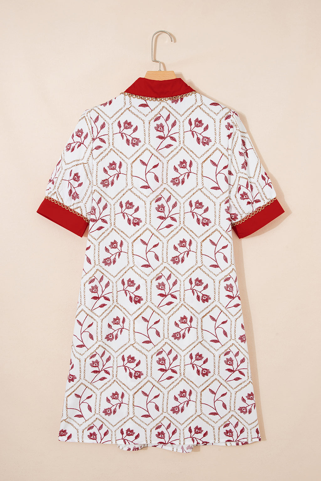 Blue Geometric Floral Print Lace Trim Collared Short Sleeve Mini Dress